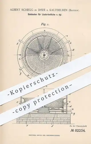 original Patent - Albert Schegg , Irsee / Kaufbeuren , Bayern , 1894 , Siebboden für Läuterbottiche | Bier , Brauerei