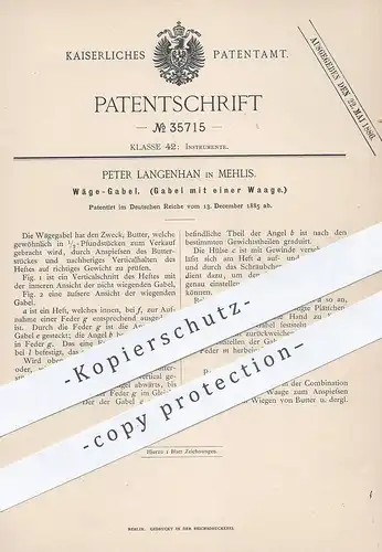 original Patent - Peter Langenhan , Zella Mehlis , 1885 , Wäge - Gabel | Gabel mit Waage | Butter wiegen | Waagen !!!