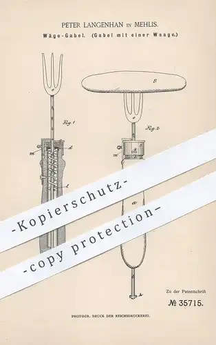original Patent - Peter Langenhan , Zella Mehlis , 1885 , Wäge - Gabel | Gabel mit Waage | Butter wiegen | Waagen !!!