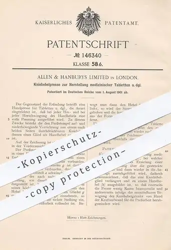 original Patent - Allen & Hanburys Limited , London , 1901 , Kniehebelpresse für Tabletten | Medizin , Arzt | Presse !!