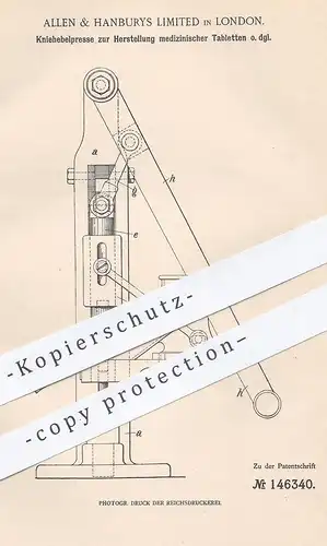 original Patent - Allen & Hanburys Limited , London , 1901 , Kniehebelpresse für Tabletten | Medizin , Arzt | Presse !!