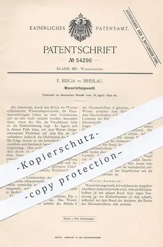 original Patent - E. Biega , Breslau , 1890 , Wasserleitungsventil | Wasserleitung - Ventil | Wasserhahn , Klempner !!!