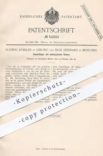 original Patent - Ludwig Rössler , Aibling , Hch. Reinhard , München , 1890 , Staubfänger mit umklappbarem Sieb | Mühle