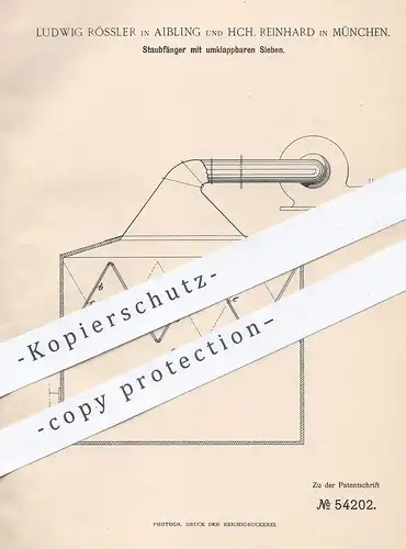 original Patent - Ludwig Rössler , Aibling , Hch. Reinhard , München , 1890 , Staubfänger mit umklappbarem Sieb | Mühle