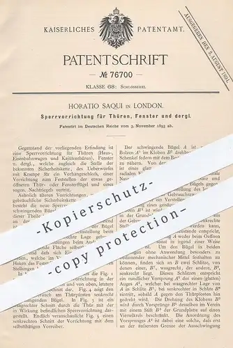 original Patent - Horatio Saqui , London , England , 1893 , Sperre für Türen , Fenster | Tür , Schloss , Schlosser !!!