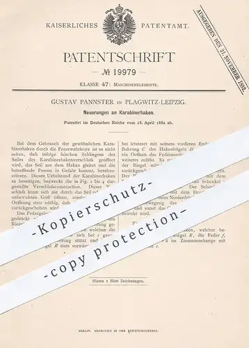 original Patent - Gustav Pannster , Plagwitz / Leipzig , 1882 , Karabinerhaken | Karabiner - Haken | Feuerwehr !!