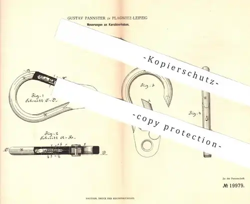 original Patent - Gustav Pannster , Plagwitz / Leipzig , 1882 , Karabinerhaken | Karabiner - Haken | Feuerwehr !!