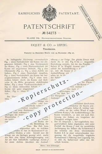 original Patent - Riquet & Co. , Leipzig , 1889 , Teekanne mit Seihsieb | Tee - Kanne | Geschirr | Teesieb !!!