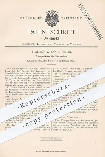 original Patent - E. Alisch & Co. , Berlin , 1889 , Transportkarre für Säure | Karre für Säure - Behälter | Gefahrgut