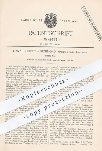 original Patent - Edward Green , Richmond , Halkin Lodge , England , 1889 , engl. Billard | Billardtisch , Sport , Pool