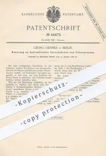 original Patent - Georg Oehmke , Berlin , 1888 , hydraulischer Verschluss für Filterpresse | Filter - Presse | Pressen !