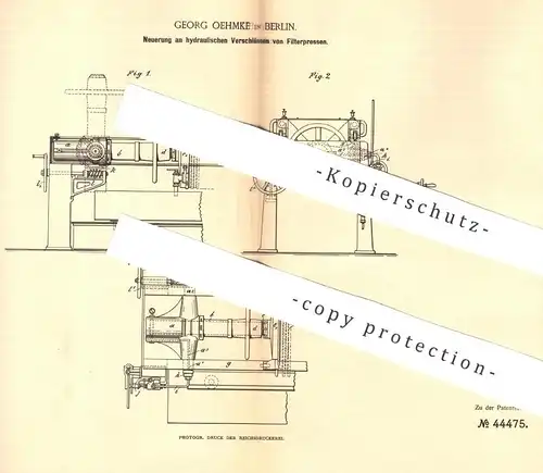 original Patent - Georg Oehmke , Berlin , 1888 , hydraulischer Verschluss für Filterpresse | Filter - Presse | Pressen !