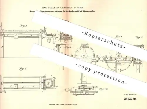 original Patent - Edm. Augustin Chameroy , Paris , Frankreich , 1882 , Laufgewicht an Waagen | Waage , Gewicht , Wiegen
