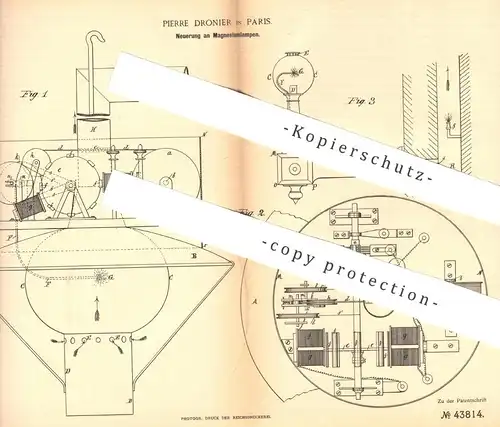 original Patent - Pierre Dronier , Paris , Frankreich , 1887 , Magnesiumlampe | Magnesium - Lampe | Lampen , Licht !!!