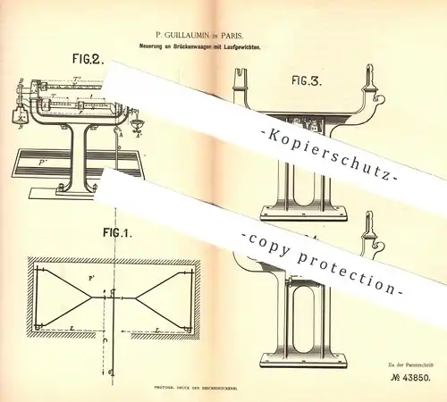 original Patent - P. Guillaumin , Paris , Frankreich , 1887 , Brückenwaage mit Laufgewicht | Waage , Waagen , Wiegen !