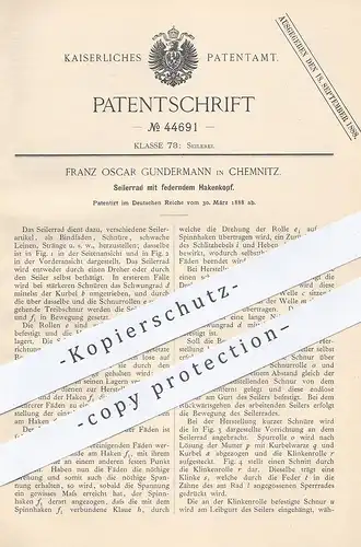 original Patent - Franz Oscar Gundermann , Chemnitz  1888 , Seilerrad mit federndem Hakenkopf | Seil , Seiler , Seilerei