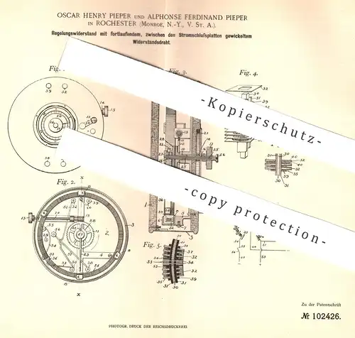 original Patent - Oscar Henry & Alphonse Ferdinand Pieper , Rochester , Monroë , New York USA  1897 , Widerstand | Strom