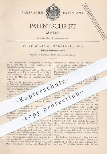 original Patent - Wirth & Co. , Frankfurt / Main , 1892 , Schachtelbeklebmaschine | Karton bekleben | Papier , Etikett !