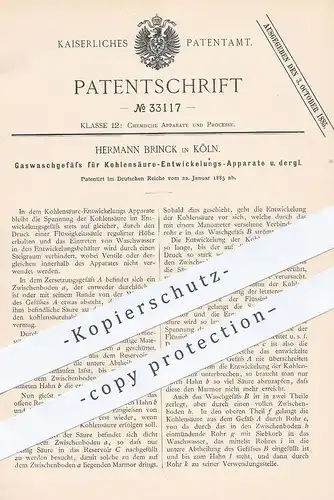 original Patent - Hermann Brinck , Köln , 1885 , Gaswaschgefäß für Kohlensäure - Entwickelungsapparat | Gas waschen !