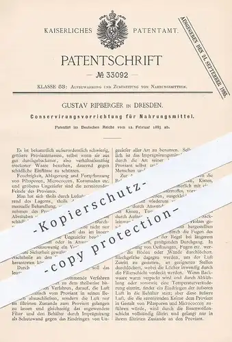 original Patent - Gustav Ripberger , Dresden , 1885 , Konservierung für Nahrungsmittel | Militär , Lebensmittel !!