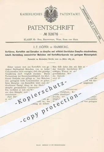 original Patent - J. F. Höper , Hamburg , 1885 , Dämpfen von Kartoffeln u. Cerealien für konzentrierte Maische | Bier !