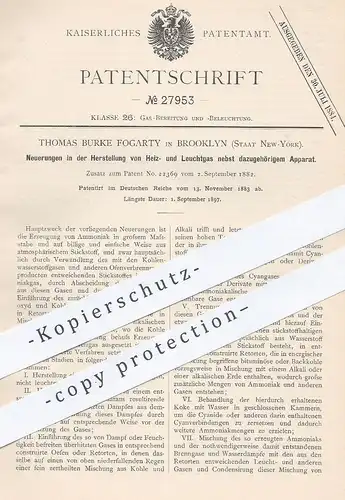 original Patent - Thomas Burke Fogarty , Brooklyn , New York , USA , 1883 , Heizgas , Leuchtgas , Gas | Ammoniak !!!