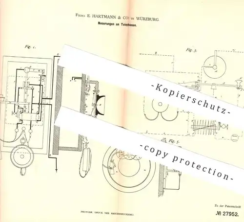 original Patent - E. Hartmann & Co. Würzburg , 1883 , Telefon | Telefone , Telefonie | Telephon , Elektriker , Strom !!