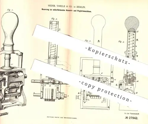 original Patent - H. Thiele & Co. Berlin , 1883 , selbstfärbende Nummeriermaschine , Paginiermaschine | Druck , Drucker