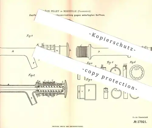 original Patent - Léon Pillet , Marseille , Frankreich , 1883 , Zapfhahn | Zapfanlage , Bier , Gastronomie , Hahn !!!