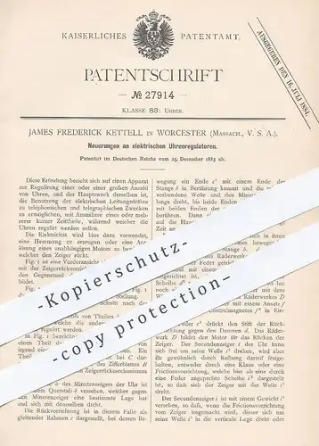 original Patent - James Frederick Kettell , Worcester , Massachusetts USA , 1883 , elektr. Uhrenregulator | Uhr , Uhren
