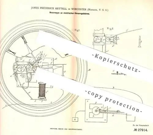 original Patent - James Frederick Kettell , Worcester , Massachusetts USA , 1883 , elektr. Uhrenregulator | Uhr , Uhren