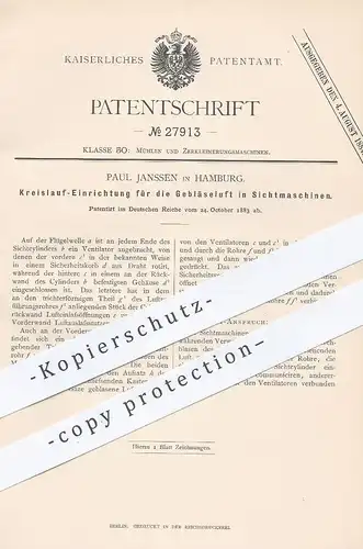 original Patent - Paul Janssen , Hamburg , 1883 , Kreislauf für Gebläseluft in Sichtmaschinen | Mühle , Gebläse , Mühlen