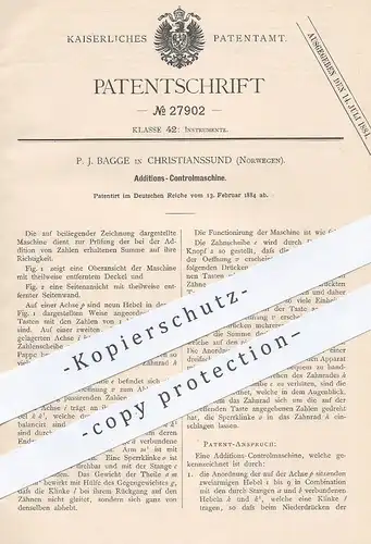 original Patent - P. J. Bagge , Christianssund Norwegen , 1884 , Additions - Rechner | Taschenrechner | Kasse , Addieren