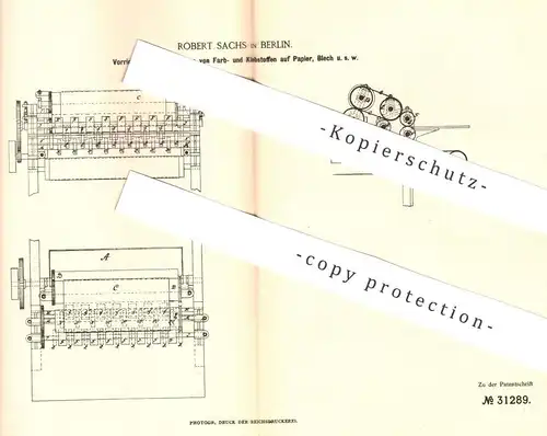 original Patent - Robert Sachs , Berlin , 1884 , Auftragen von Farbe u. Klebe auf Papier , Blech | Färben , Lack , Maler