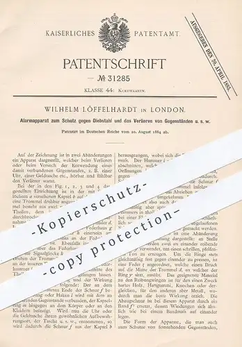 original Patent - Wilhelm Löffelhardt , London , 1884 , Alarm zum Schutz vor Diebstahl | Signal , Glocke , Klingel !!