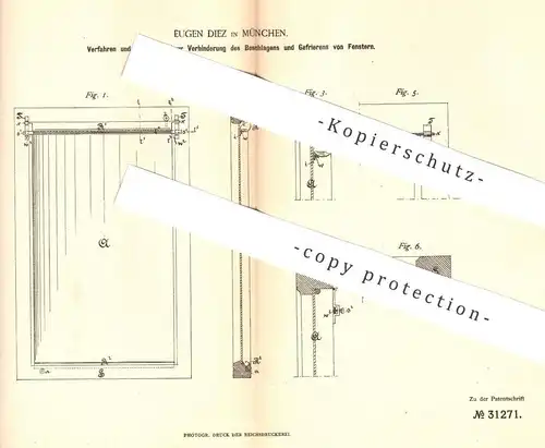 original Patent - Eugen Diez , München , 1884 , Verhinderung des Beschlagens und Gefrierens am Fenster | Fensterbauer !!