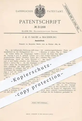 original Patent - J. & O. Sauer , Magdeburg , 1884 , Ausziehtisch | Tisch , Holztisch , Tischler , Möbel , Möbelbauer