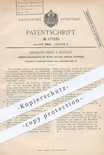 original Patent - Hermann Menz , Breslau , 1905 , Adressaufkleber für Brief & Kuvert | Etiketten , Papier , Papierfabrik