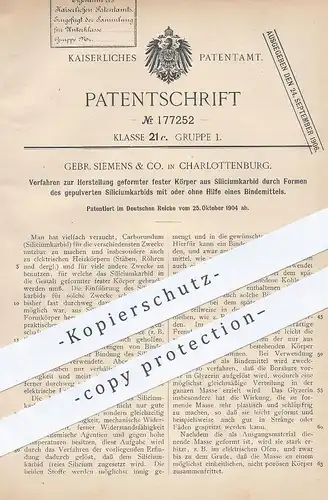 original Patent - Gebr. Siemens & Co. , Berlin / Charlottenburg , 1904 , feste Körper aus Siliciumkarbid | Carborundum