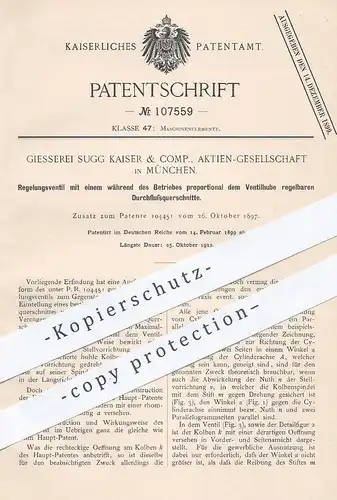 original Patent - Gießerei Sugg Kaiser & Comp. AG München , 1899 , Regelungsventil für Maschinen | Ventil , Kolben !!
