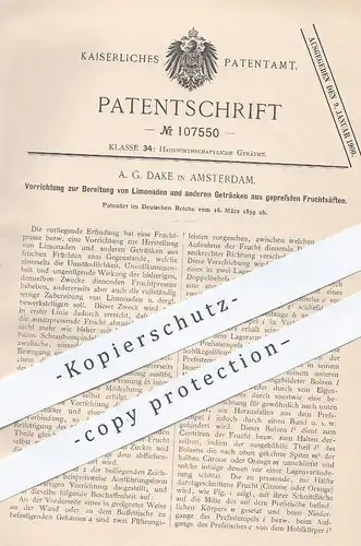 original Patent - A. G. Dake , Amsterdam , 1899 , Limonade aus gepresstem Fruchtsaft | Brause , Obst , Früchte , Zucker