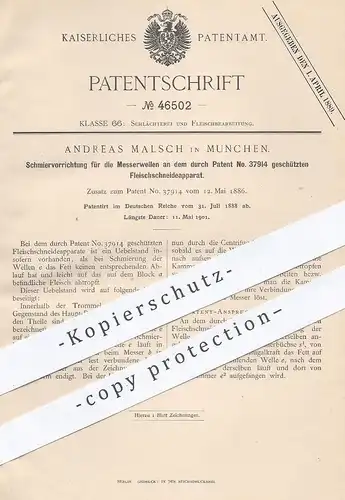original Patent - Andreas Malsch , München , 1888 , Schmiervorrichtung für Messer am Fleischschneider | Fleischer !!