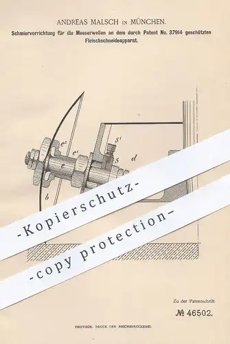 original Patent - Andreas Malsch , München , 1888 , Schmiervorrichtung für Messer am Fleischschneider | Fleischer !!