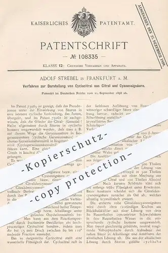 original Patent - Adolf Strebel , Frankfurt / Main , 1898 , Darstellung von Cyclocitral aus Citral und Cyanessigsäure !