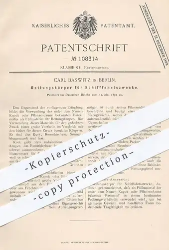 original Patent - Carl Baswitz , Berlin , 1897 , Rettungskörper für Schifffahrt | Schiff , Schiffe , Rettung !!!