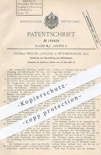 original Patent - Thomas Pexton Laycock , Peterborough , England , 1906 , Glühkörper | Glühlampe , Gas - Brenner , Licht