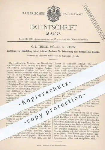 original Patent - C. L. Theod. Müller , Berlin , 1885 , Herstellung von Bonbon | Zucker , Medizin , Tabletten !!!