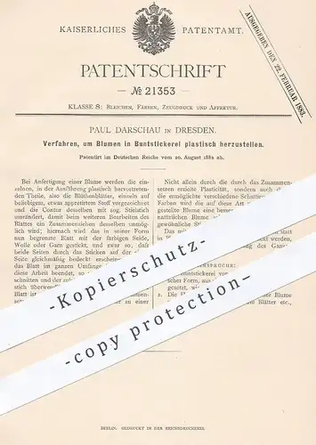 original Patent - Paul Darschau , Dresden , 1882 , plastische Herst. von Blumen | Kunstblumen , Plastikblumen !