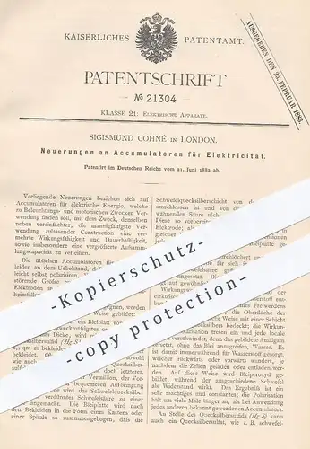 original Patent - Sigismund Cohné , London , 1882 , Accumulatoren für Elektrizität | Strom , Elektriker , Akku , Motor