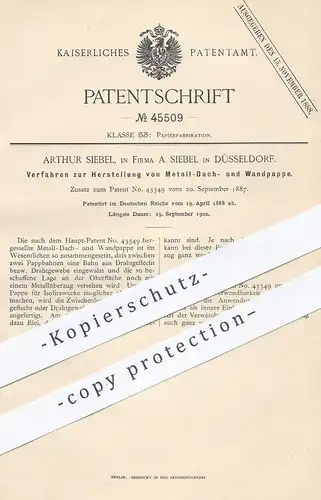 original Patent - Arthur Siebel , Düsseldorf , 1888 , Herstellung von Dachpappe , Wandpappe | Pappe , Dachdecker , Dach